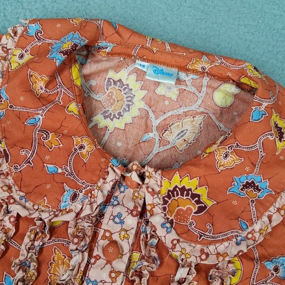 Disney Shirt Girl's Kid's 14 Orange Button Front Mickey Mouse Floral Ruffles - Picture 3 of 10